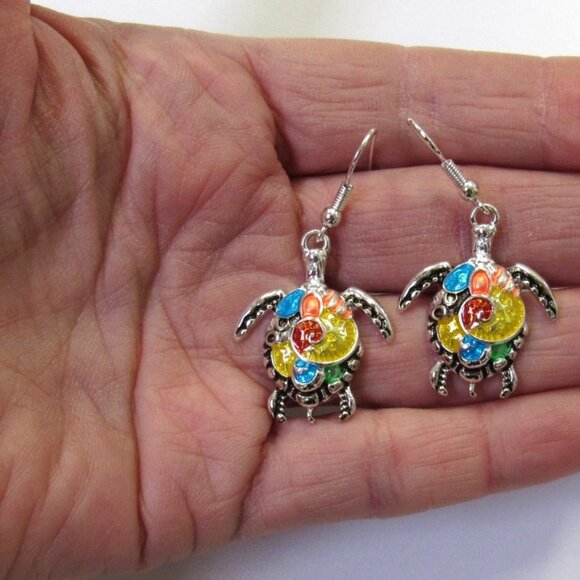 Silver Plated Multicolor Turtle Dangle Drop Pierced Earrings - Picture 4 of 5